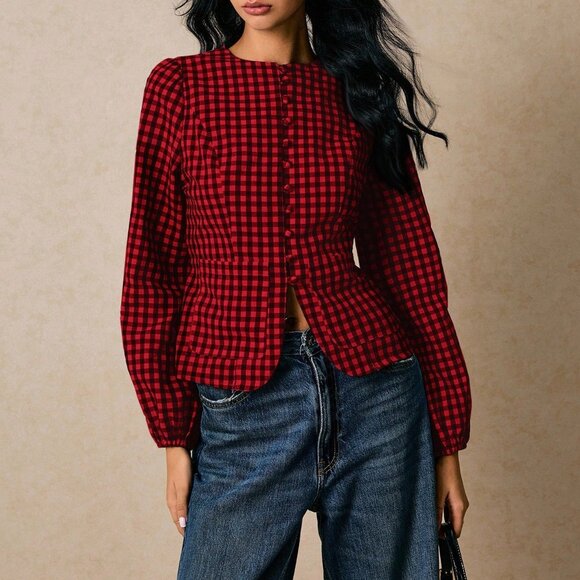 Red Casual Women's Plaid Long Sleeve Work Shirt - Picture 6 of 7